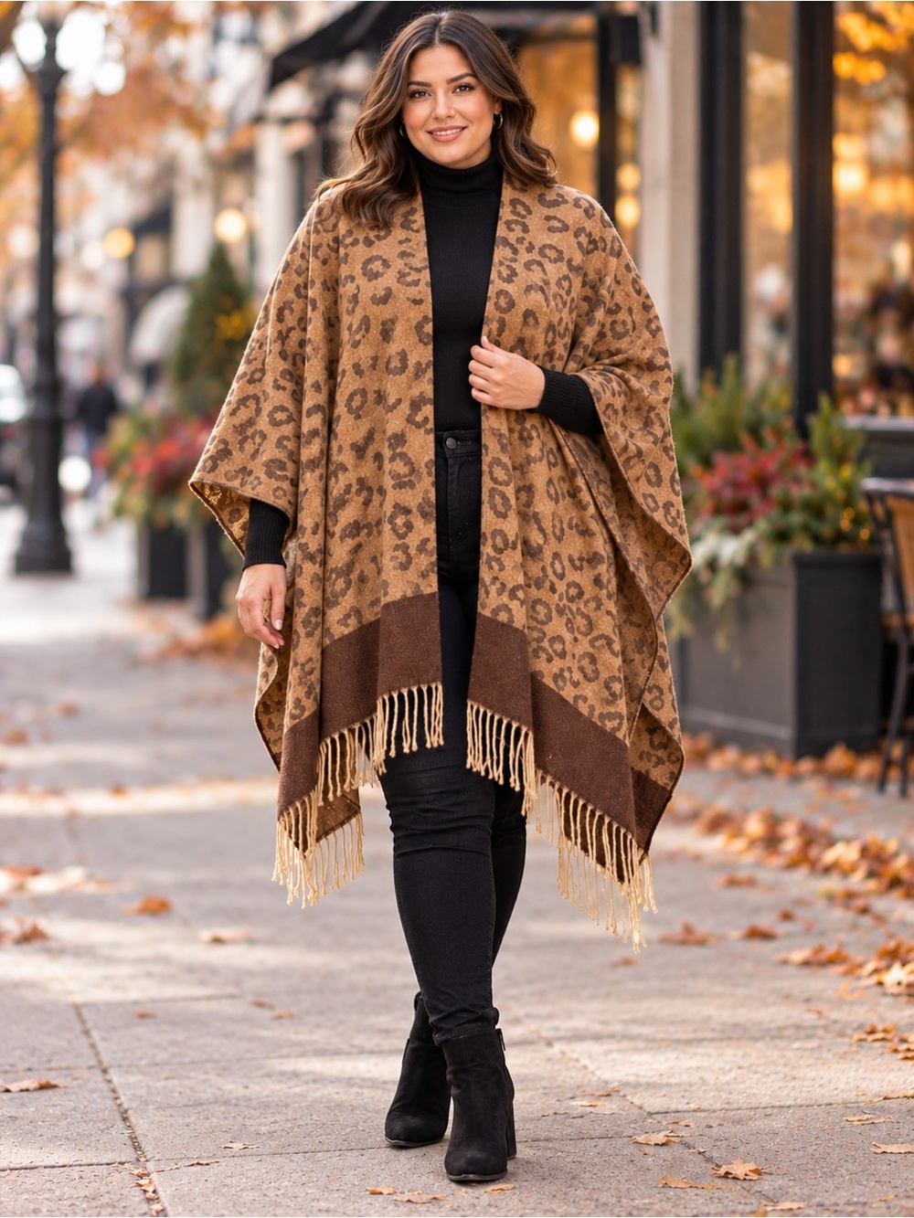 🆕 Leopard Print Fringe Poncho Wrap Camel Brown One Size NWT Soft Cozy Comfy Gift